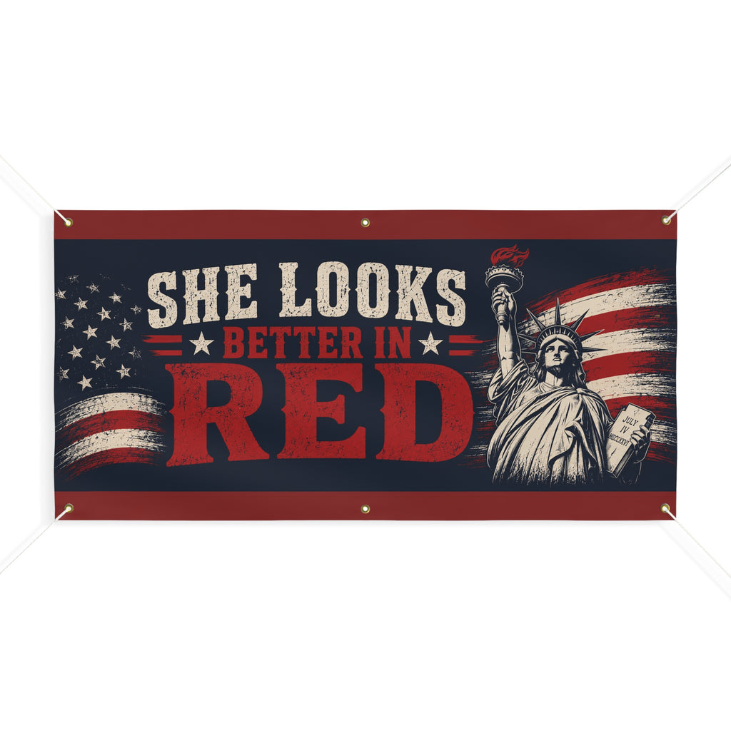 She Looks Better in Red Banner – Patriotic Statue of Liberty American Flag Sign