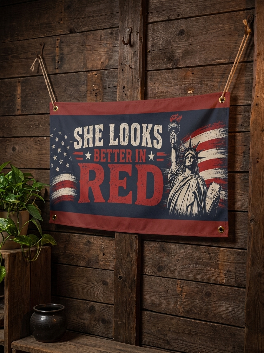 She Looks Better in Red Banner – Patriotic Statue of Liberty American Flag Sign