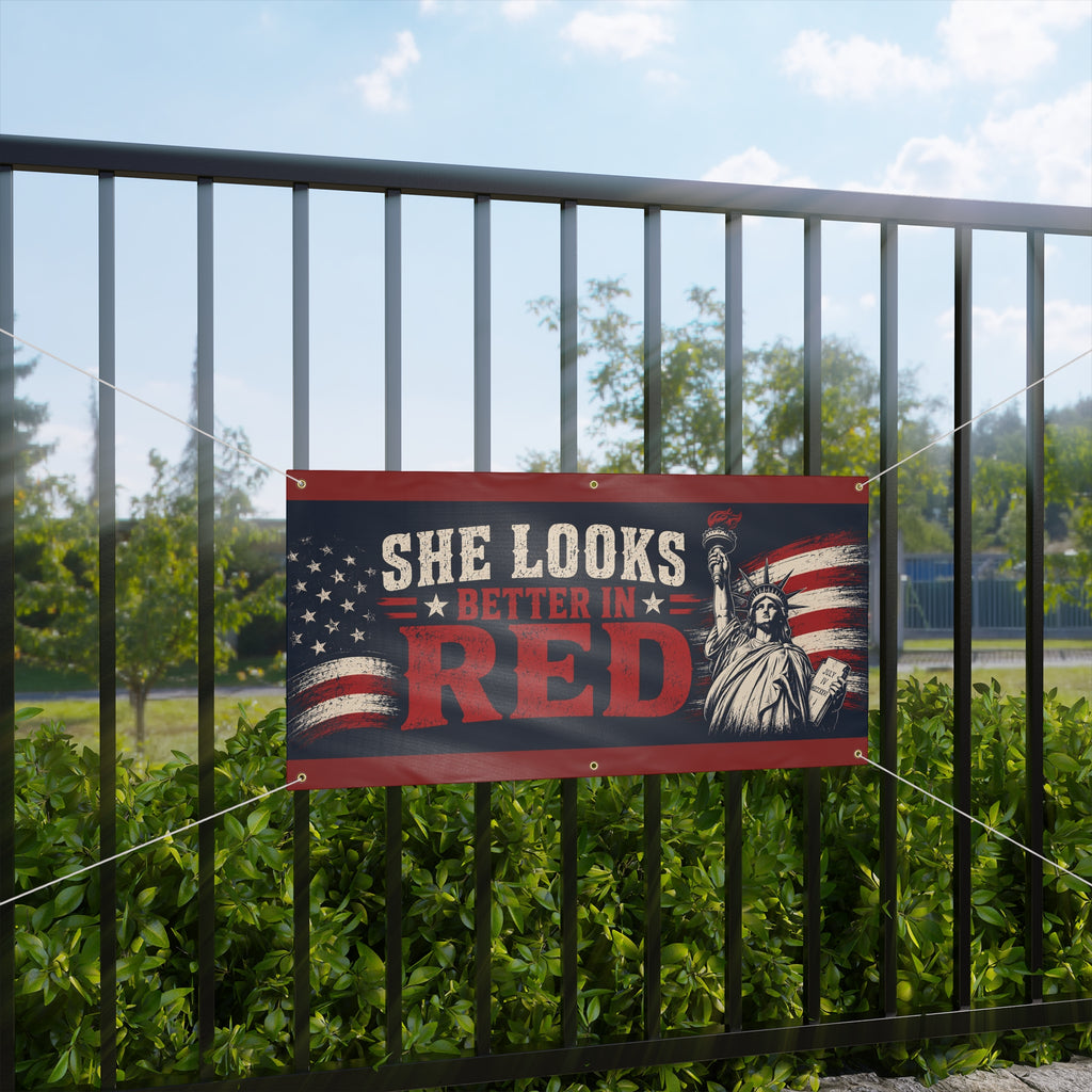 She Looks Better in Red Banner – Patriotic Statue of Liberty American Flag Sign